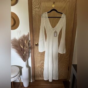 Meshki Kayleigh Crochet Fishtail Flare Sleeve Maxi Dress - White - XXS